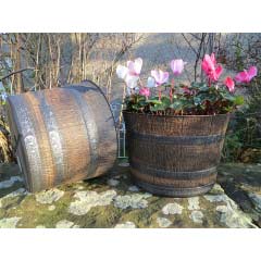 Whisky Barrel Planter 12.5in - Dark Brown with Silver Bands