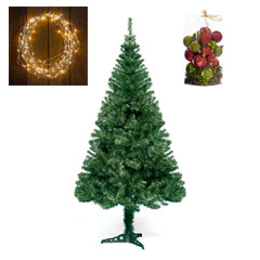 7ft Cedar tree with Warm White Lights and Red-Green Baubles