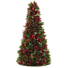Festive Artifical Christmas Pre-Lit Holly & Red Tinsel Cone Tree - 20in