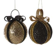 Christmas Baubles Black/Gold Glitter Ball with Bow - 8cm